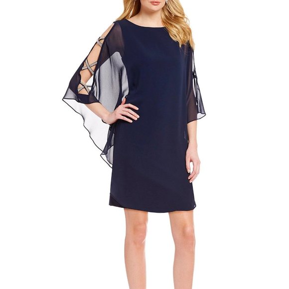NWT Xscape Navy Blue Sheer Cape Rhinestone Cut-out Cocktail Gown Dress - Picture 2 of 13